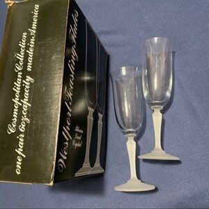 Vintage pair crystal toasting champagne flutes clear frost stem blown crystal